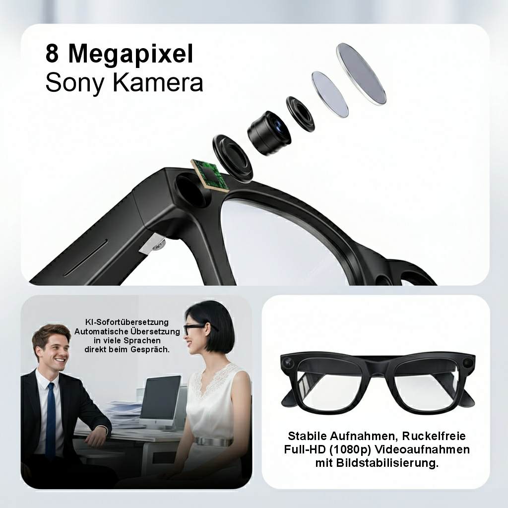 Smart‑Brille mit 8 MP Sony Kamera & Mikrofon